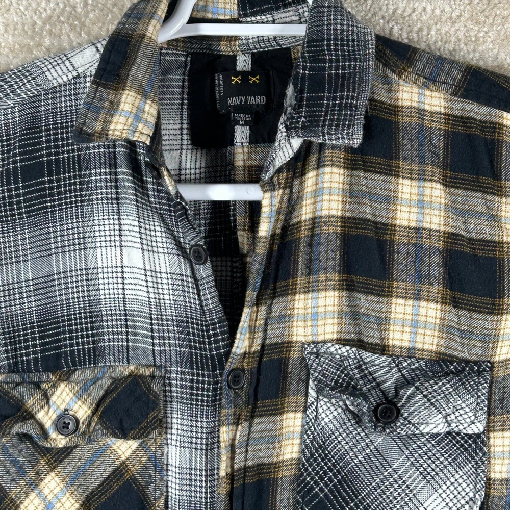 Navy Yard Mens Split Panel Plaid Flannel Button Down Shirt Black Tan White M